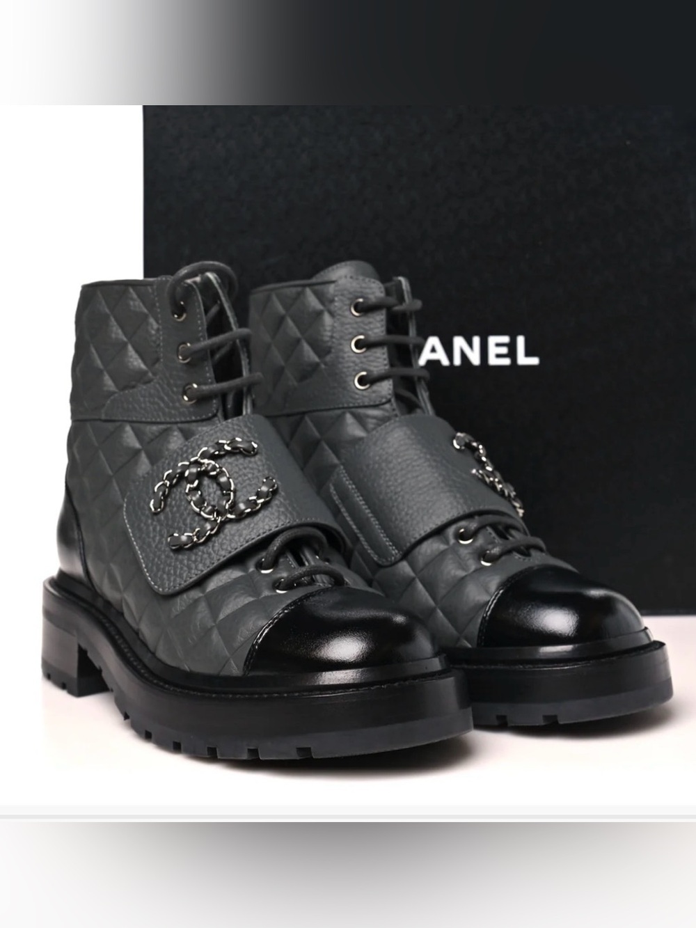 CHANEL ⭐️Quilted Lace up COMBAT Leather Strap Combat Boots with CC Hardware⭐️
